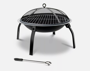 Metal outdoor fire pit with removable grill top, mesh cover, and poker tool.