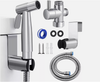 Bidet spray kit with hose, holder, and installation accessories for bathroom use