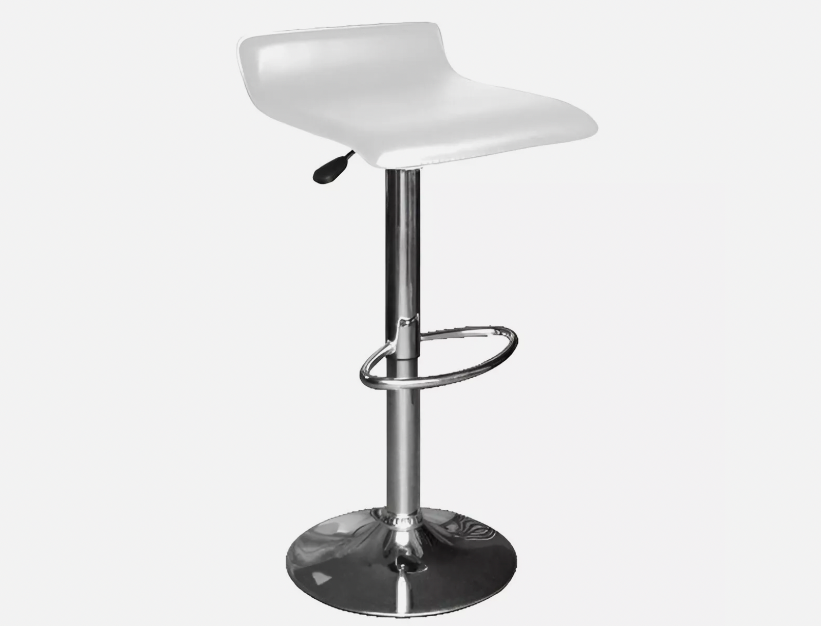White adjustable bar stool with cushioned square seat and chrome pedestal base.