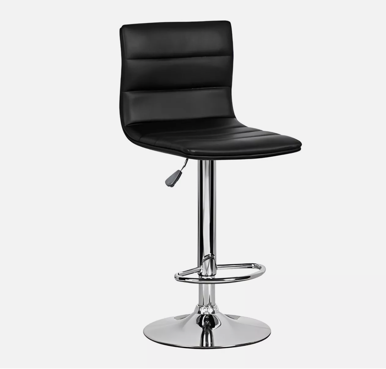 Black cushioned bar stool with high backrest, chrome base, and adjustable height.