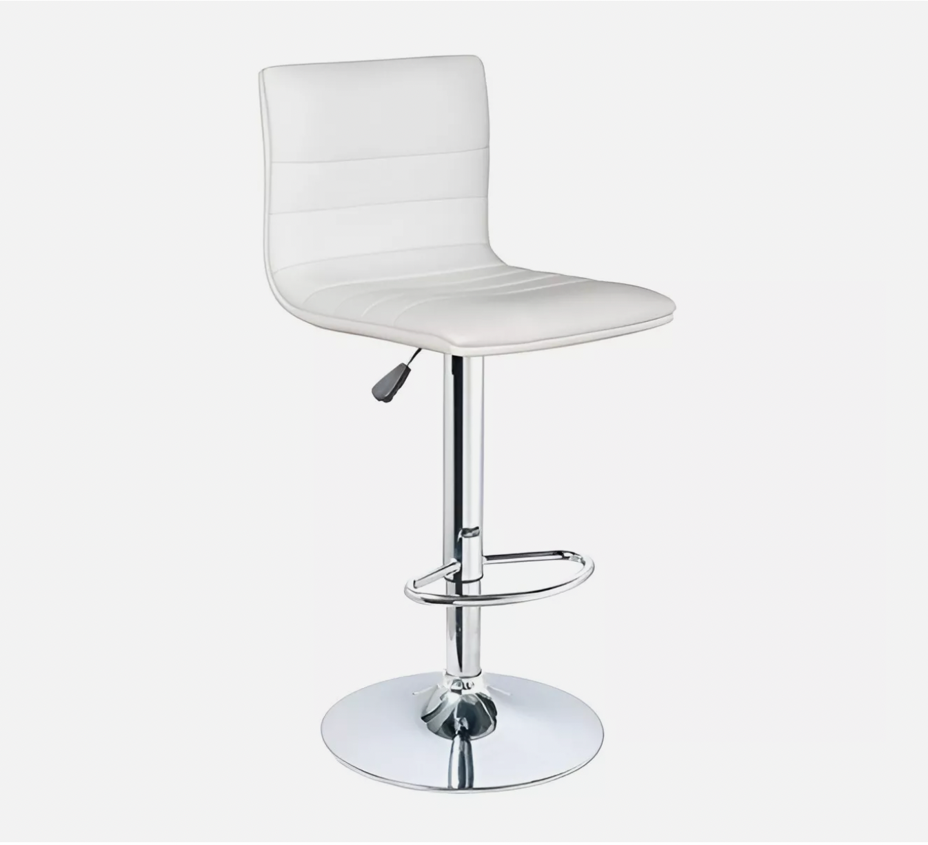 White cushioned bar stool with supportive backrest and chrome pedestal base.