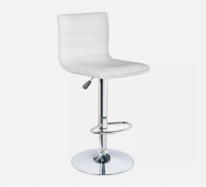 White cushioned bar stool with supportive backrest and chrome pedestal base.