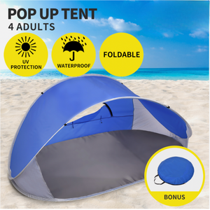 Blue pop-up beach tent with UV protection, lightweight design for sun shelter.