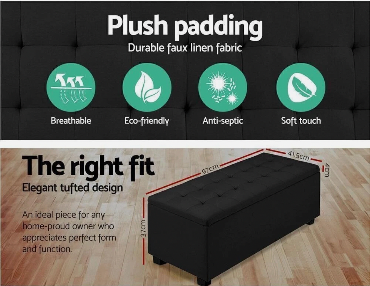 Black ottoman with plush padding and hidden storage space