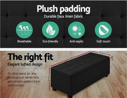 Black ottoman with plush padding and hidden storage space