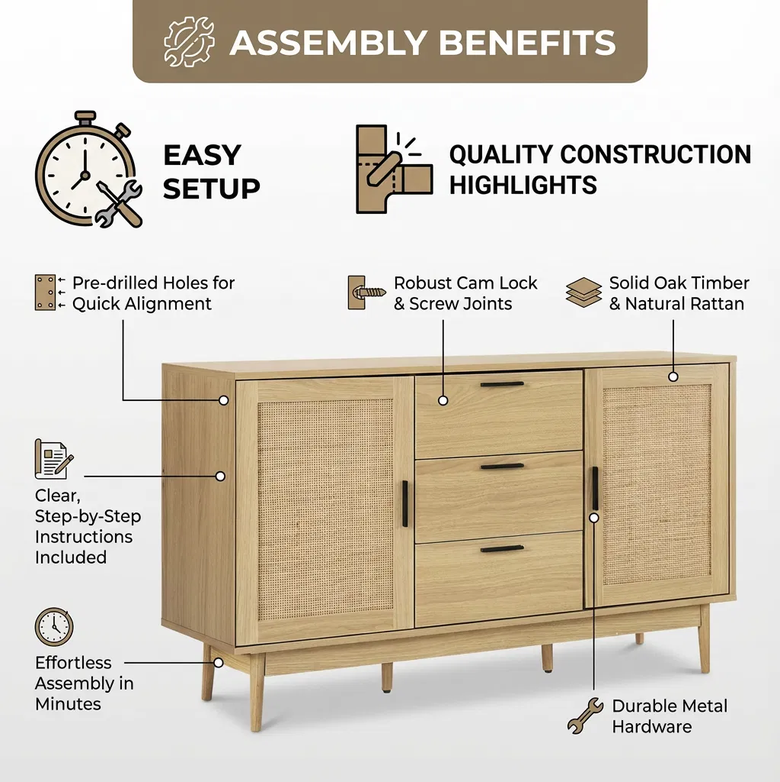 Artiss Rattan Buffet – Briony Oak Timber Look, Organised Living Made Easy