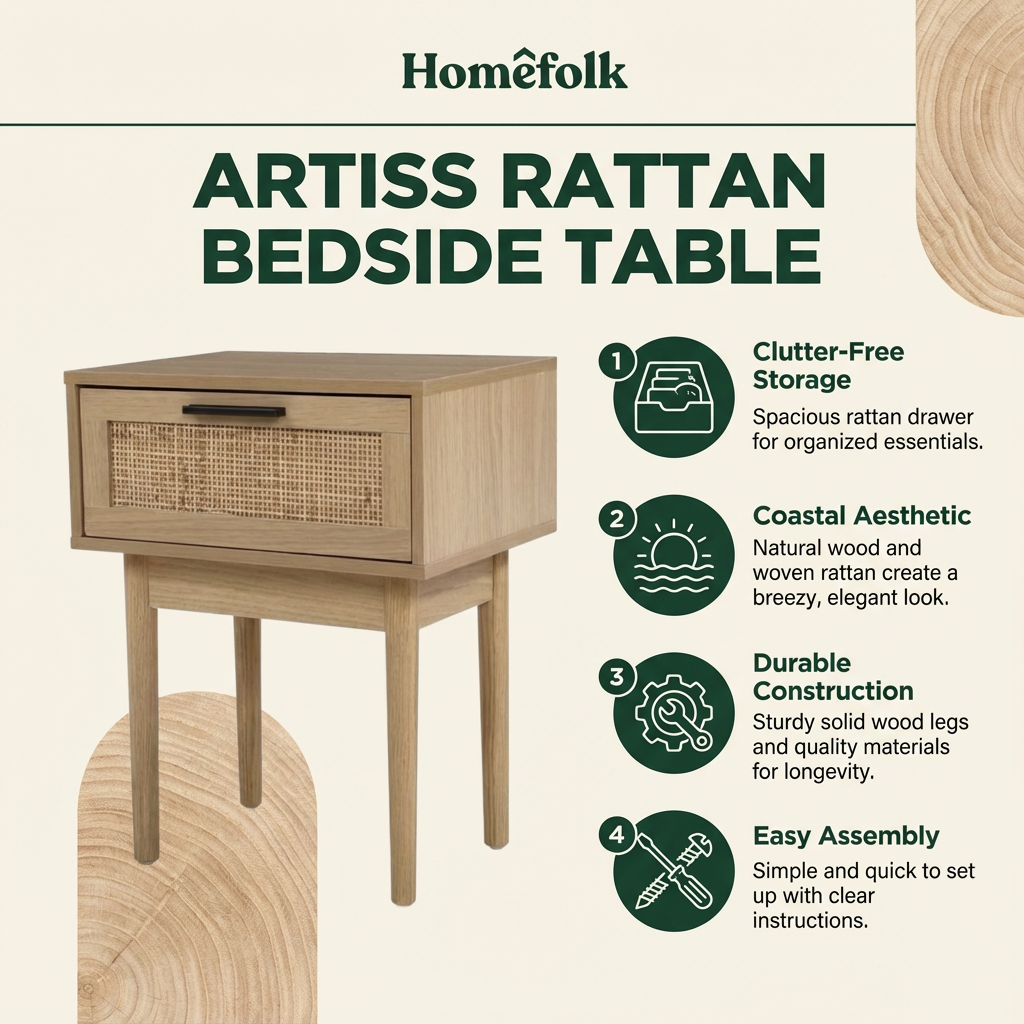 Artiss Rattan Bedside Table  – Modern Coastal Look, Smarter Bedroom Storage