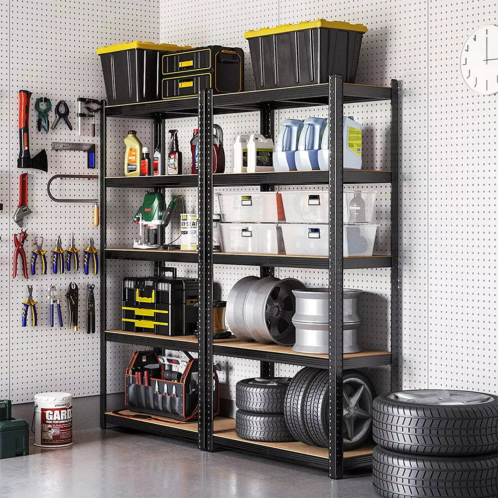 Multi-tier garage shelving rack for storage of tools, boxes, and household items