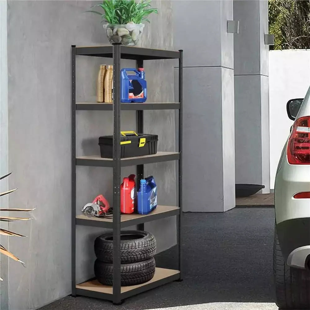 Garage shelving unit holding power tools, paint cans, and cleaning supplies