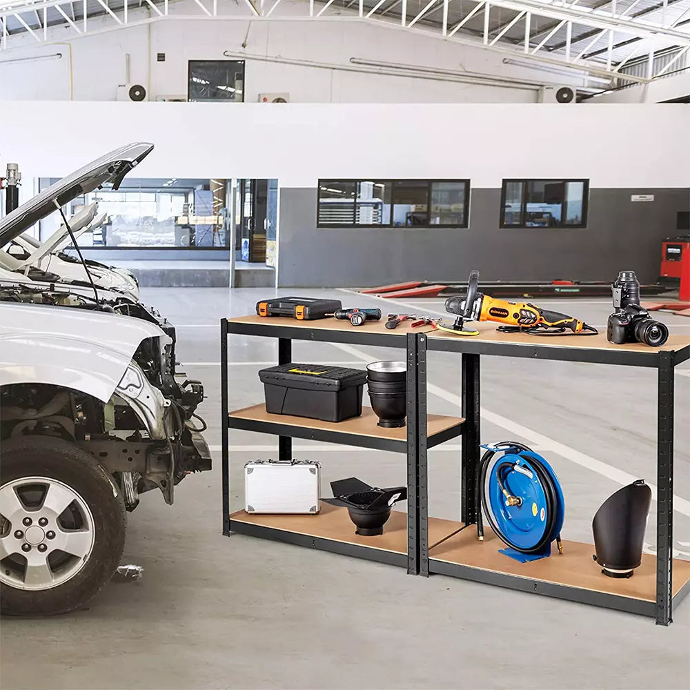 Garage shelving system for storing tools, equipment, and household goods.